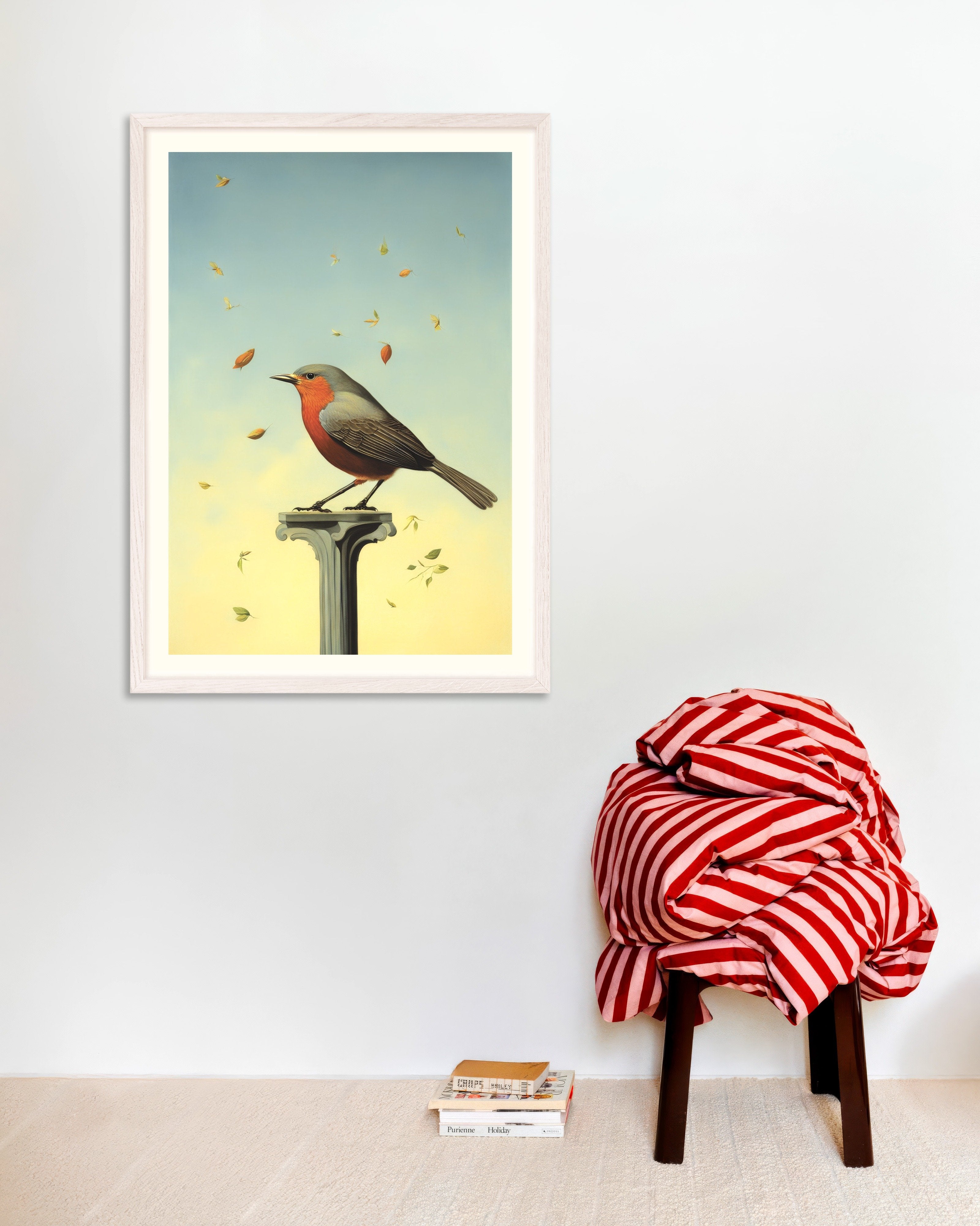 Poster of Robin on a Pedestal, with white wooden frame