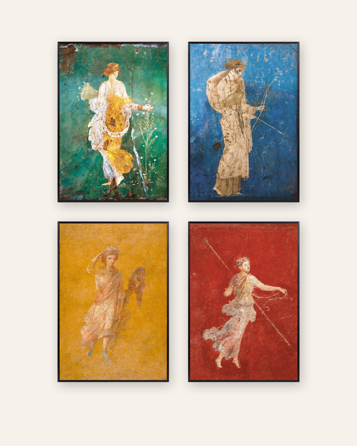 Zestaw 4 plakatów z rzymskimi freskami, Flora, Artemida, Melpomena i Menada, w czarnych metalowych ramach