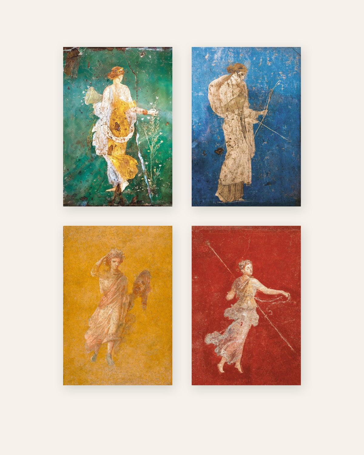 Zestaw 4 plakatów z rzymskimi freskami, Flora, Artemida, Melpomena i Menada, bez ramy