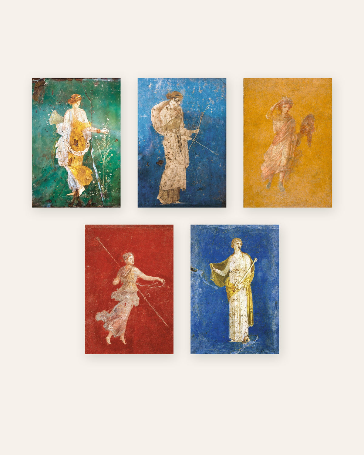 Zestaw 5 plakatów z rzymskimi freskami, Flora, Artemida, Melpomena, Menada i Medea, bez ramy