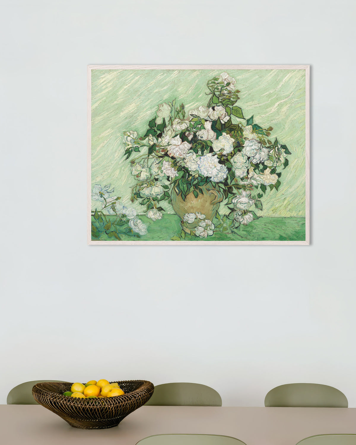 Plakat „Róże (1890), Vincent van Gogh” w białej drewnianej ramie
