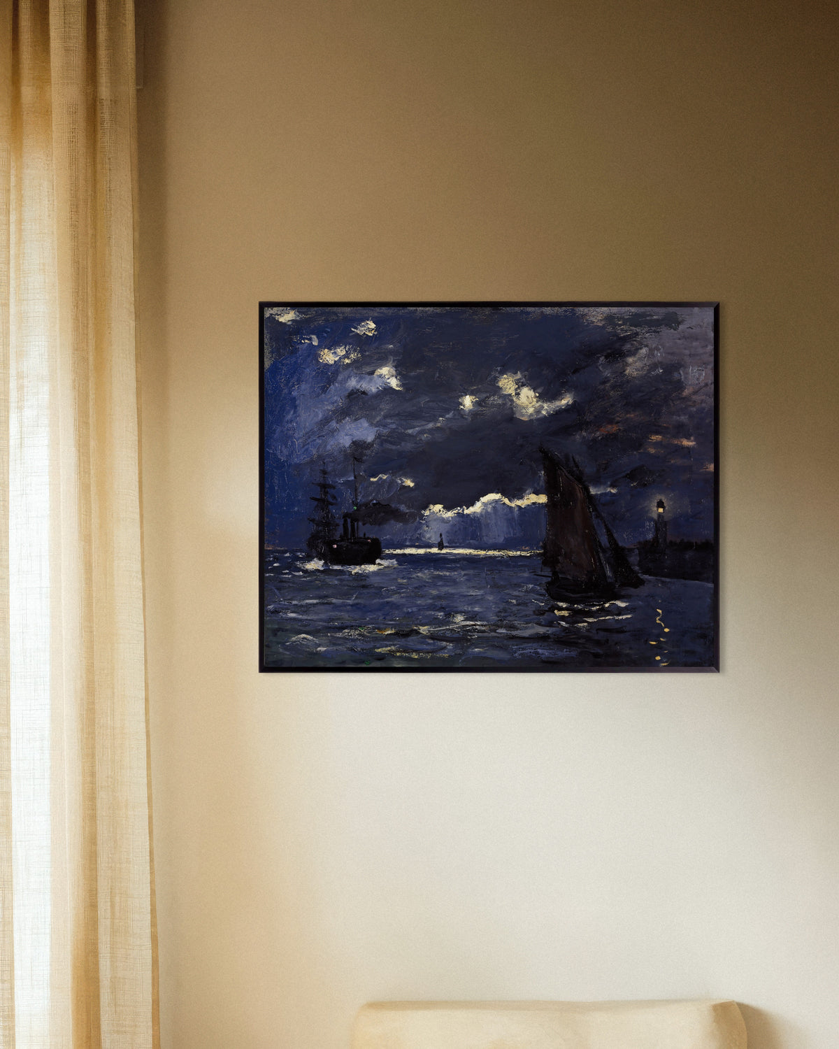Plakat Pejzaż morski, statki w świetle księżyca (1864), Claude Monet, w metalowej ramie