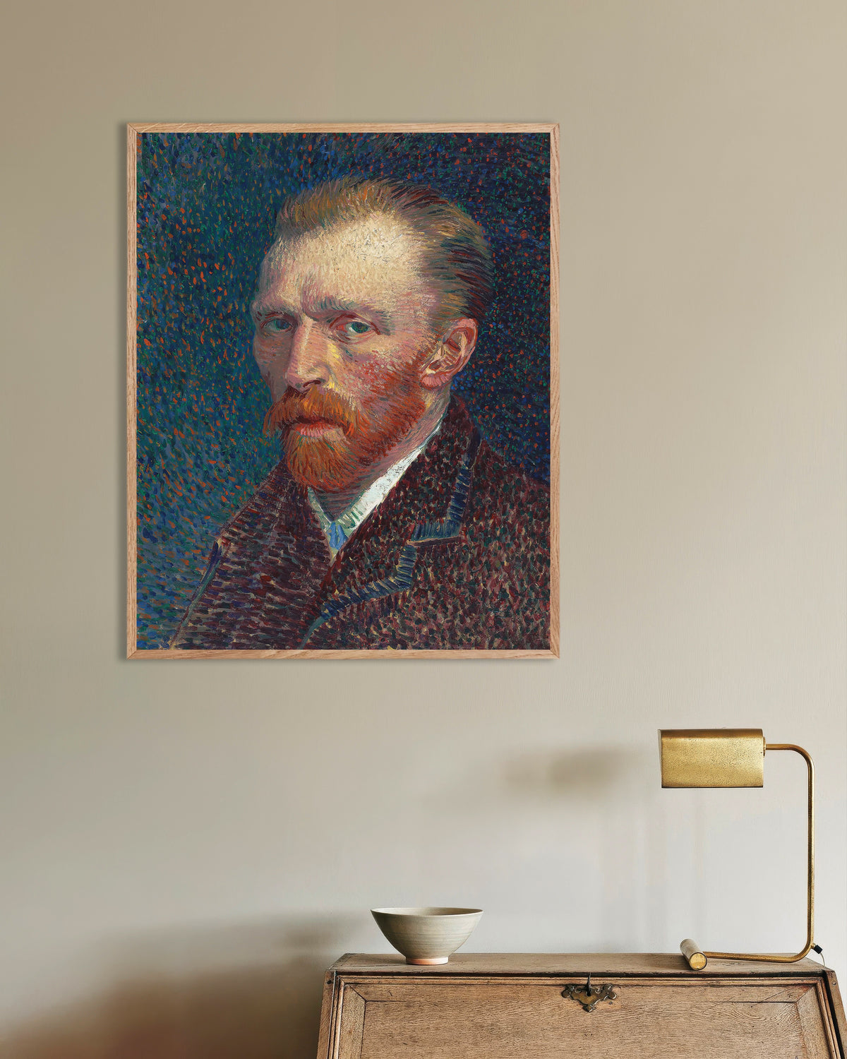 Plakat Autoportret na niebieskim tle w kropki (1887), Vincent van Gogh, w ramie z naturalnego drewna