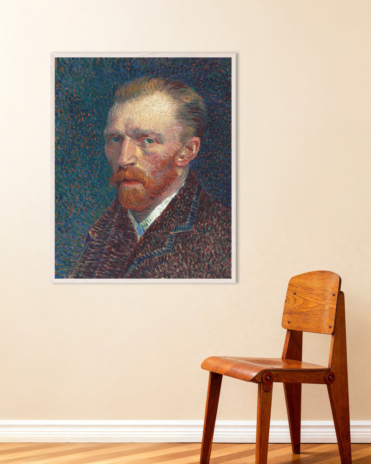 Plakat Autoportret na niebieskim tle w kropki (1887), Vincent van Gogh, w białej drewnianej ramie