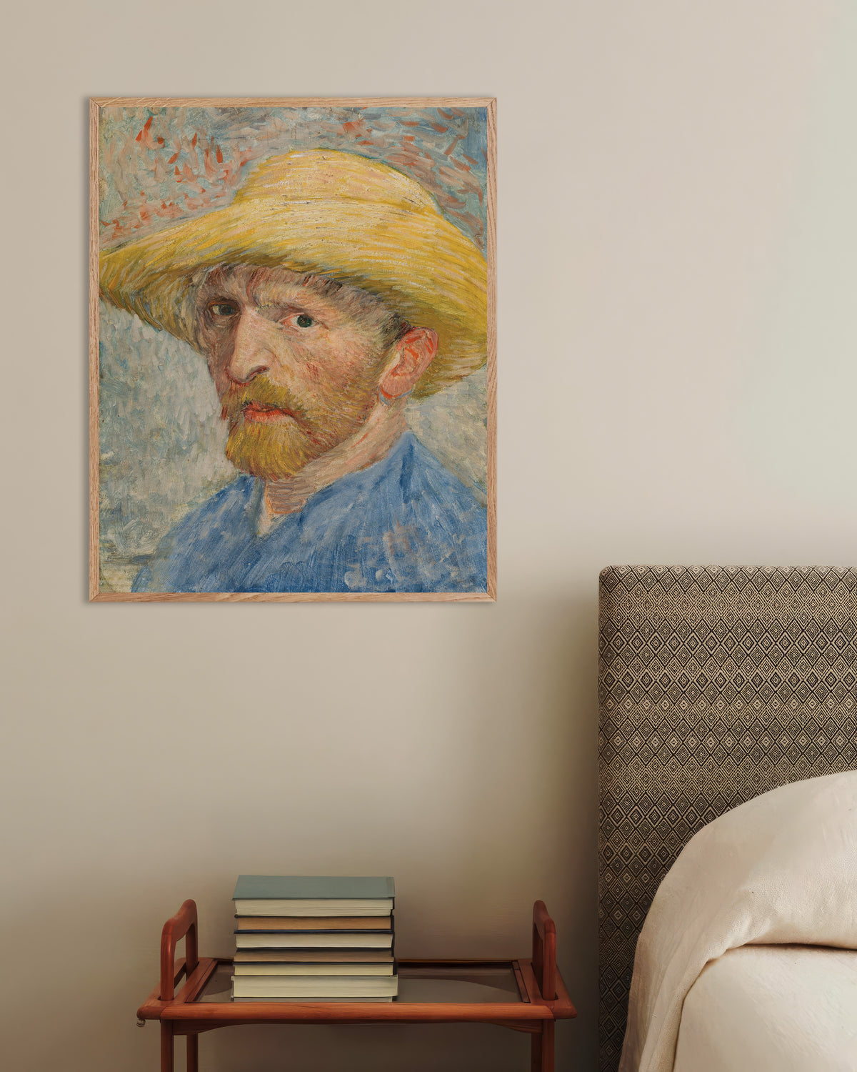 Plakat „Autoportret ze słomkowym kapeluszem i niebieską bluzą (1887), Vincent van Gogh” w ramie z naturalnego drewna