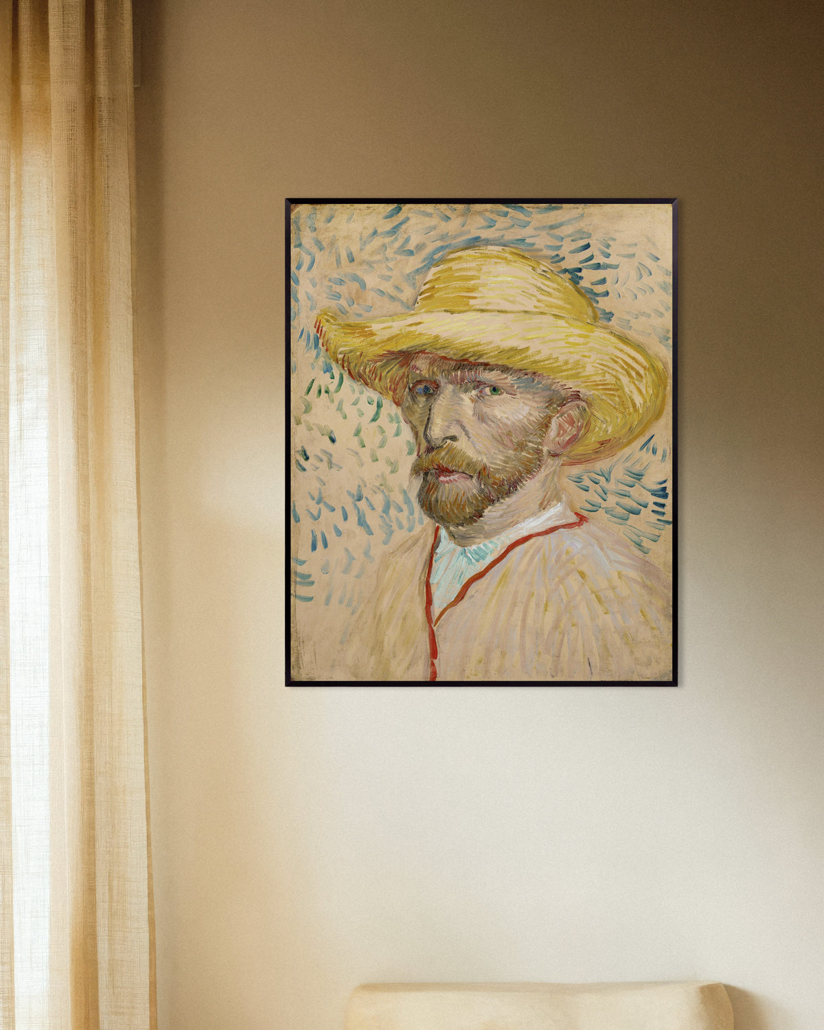 Plakat „Autoportret w słomkowym kapeluszu i fartuchu malarskim (1887), Vincent van Gogh” w metalowej ramie