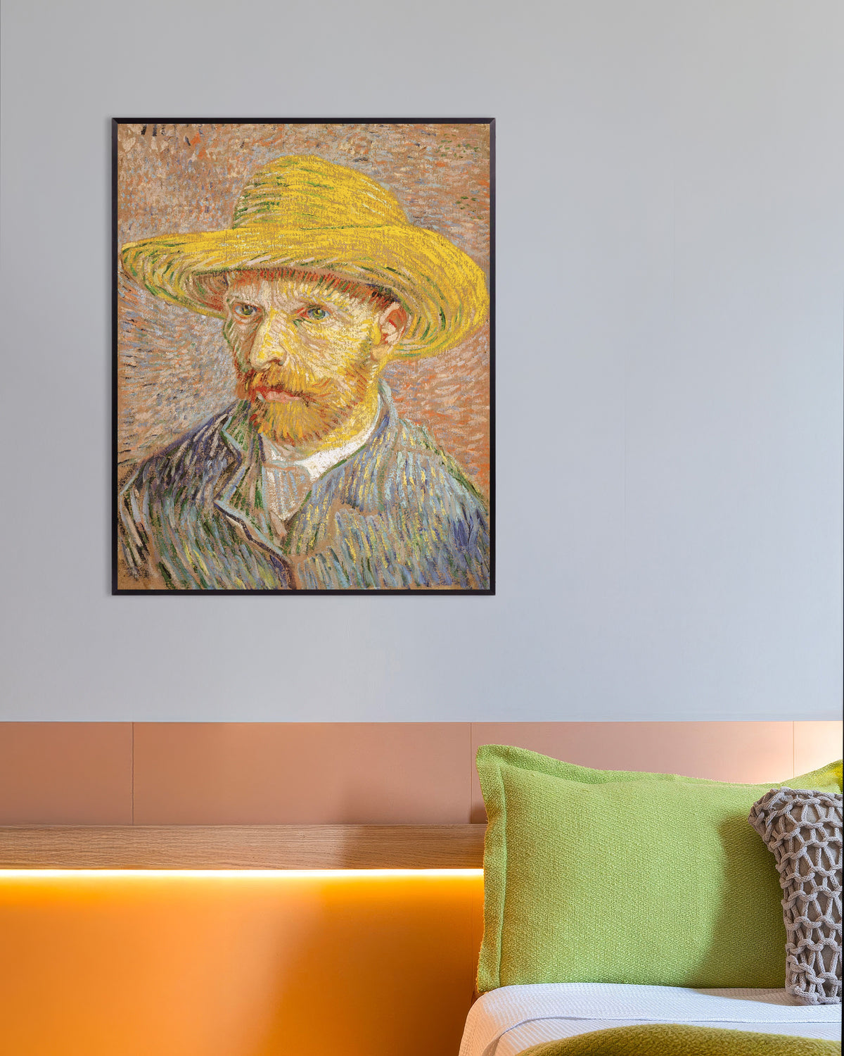 Plakat przedstawiający Autoportret w słomkowym kapeluszu na pomarańczowym tle (1887), Vincent van Gogh, w metalowej ramie