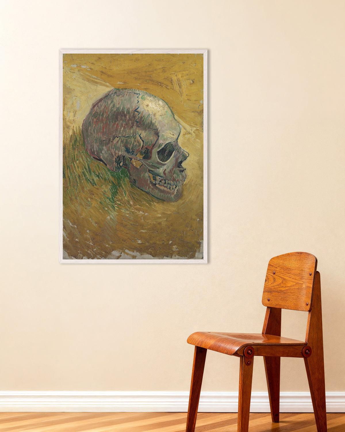 Plakat „Czaszka (1887) Vincenta van Gogha” w białej drewnianej ramie