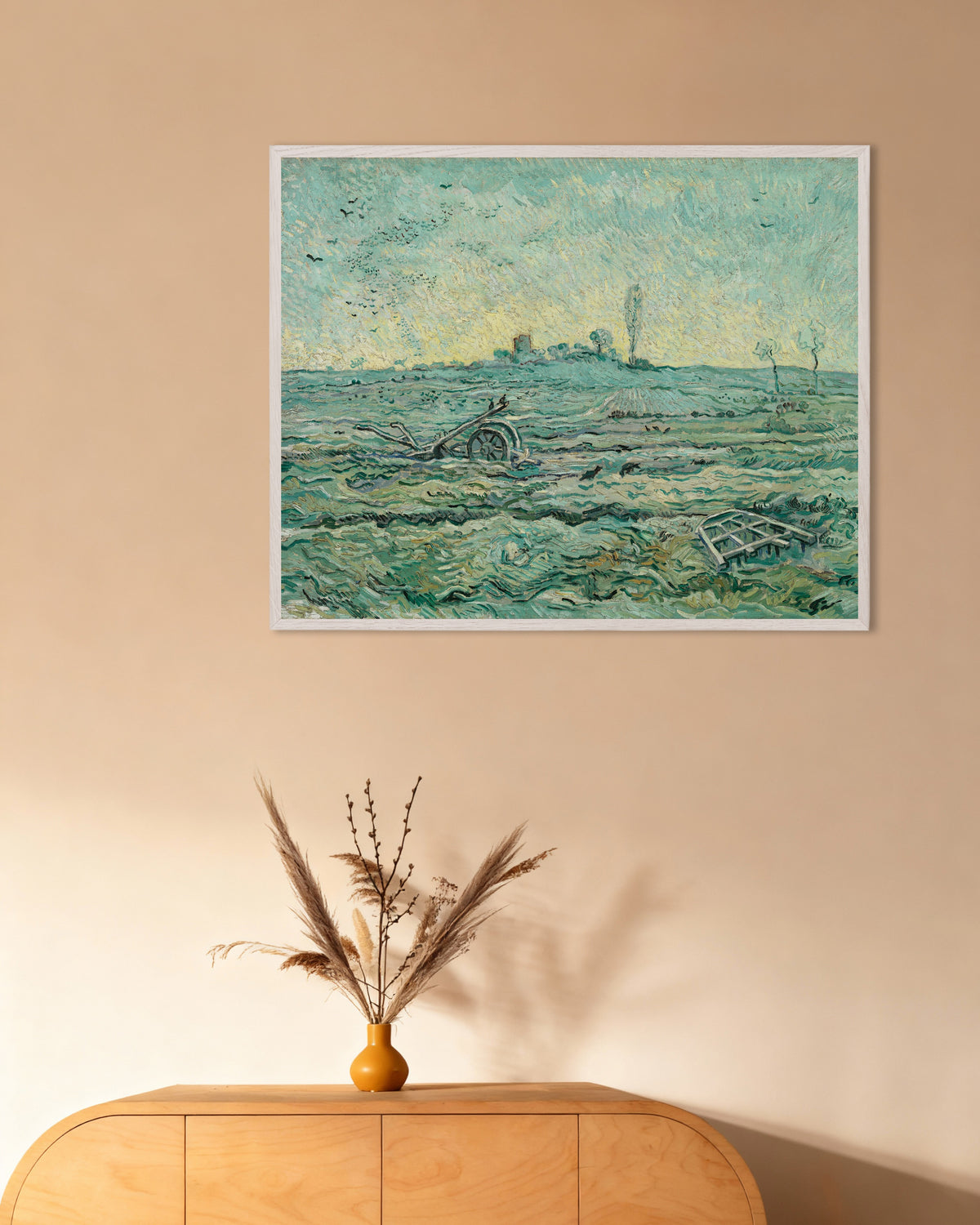 Plakat „Ośnieżone pole z broną, według Milleta (1890), Vincent van Gogh” w ramie z białego drewna
