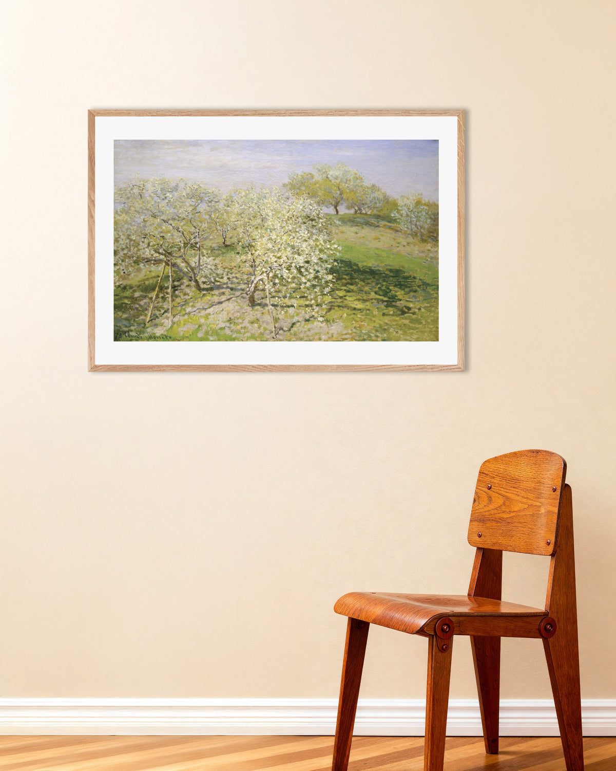 Plakat Wiosna, kwitnące drzewa owocowe (1873), Claude Monet, w ramie z naturalnego drewna
