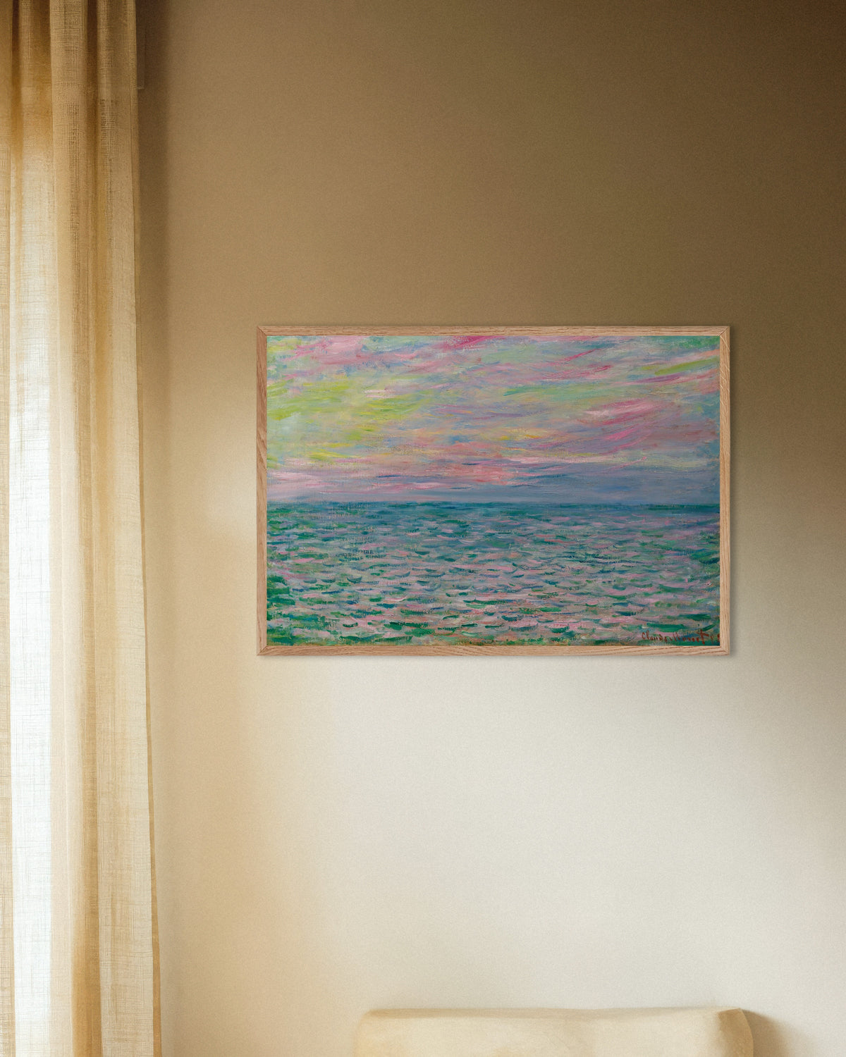 Plakat Zachód słońca w Pourville, pełne morze (1882), Claude Monet, w ramie z naturalnego drewna