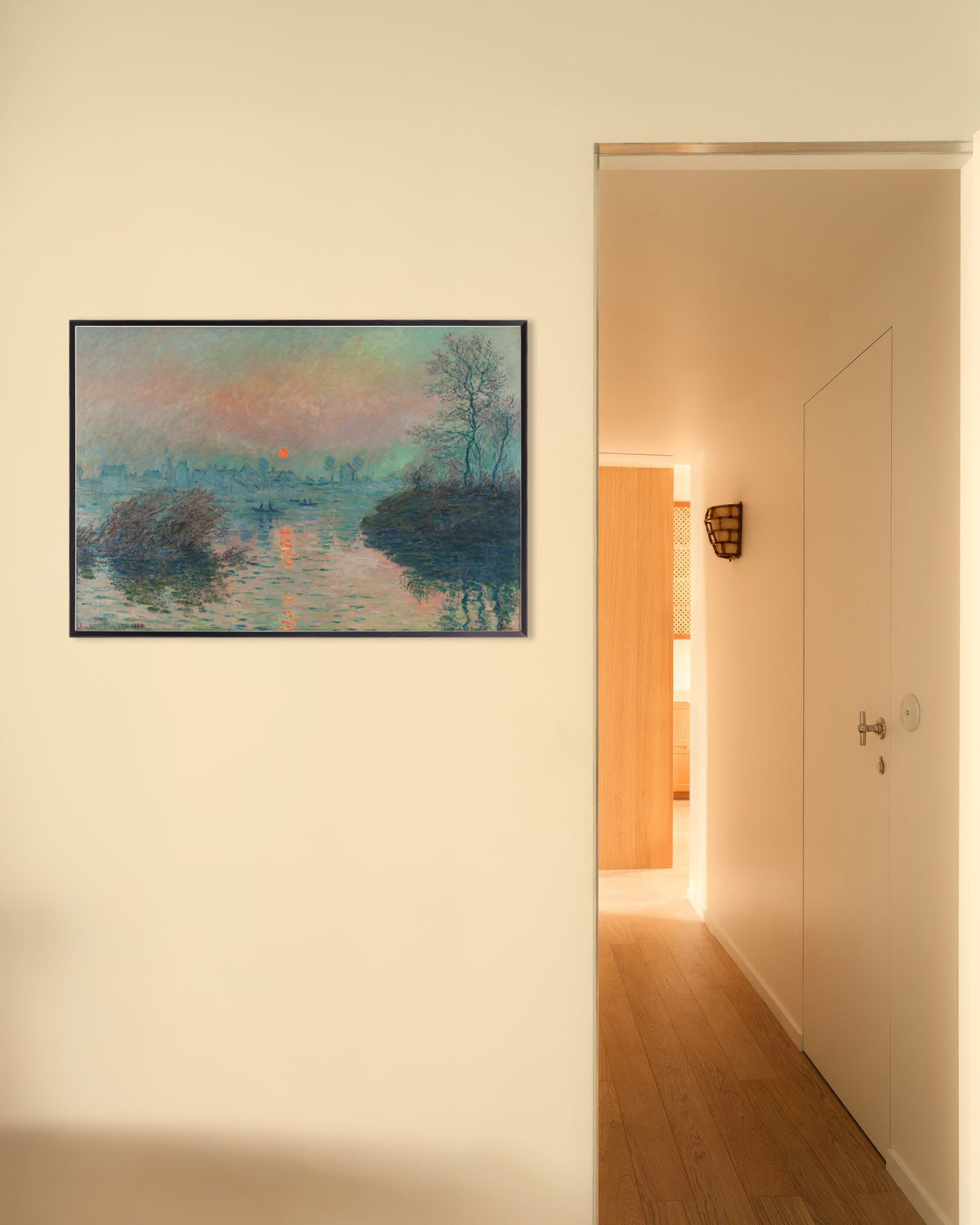 Plakat Zachód słońca nad Sekwaną w Lavacourt, efekt zimowy (1880), Claude Monet, w metalowej ramie