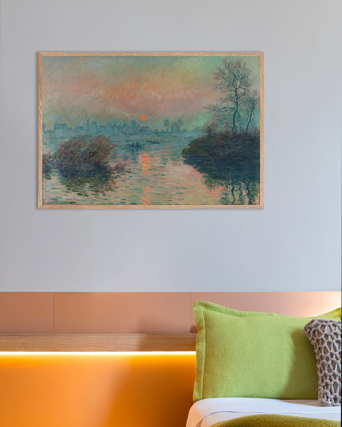 Plakat Zachód słońca nad Sekwaną w Lavacourt, efekt zimowy (1880), Claude Monet, w ramie z naturalnego drewna