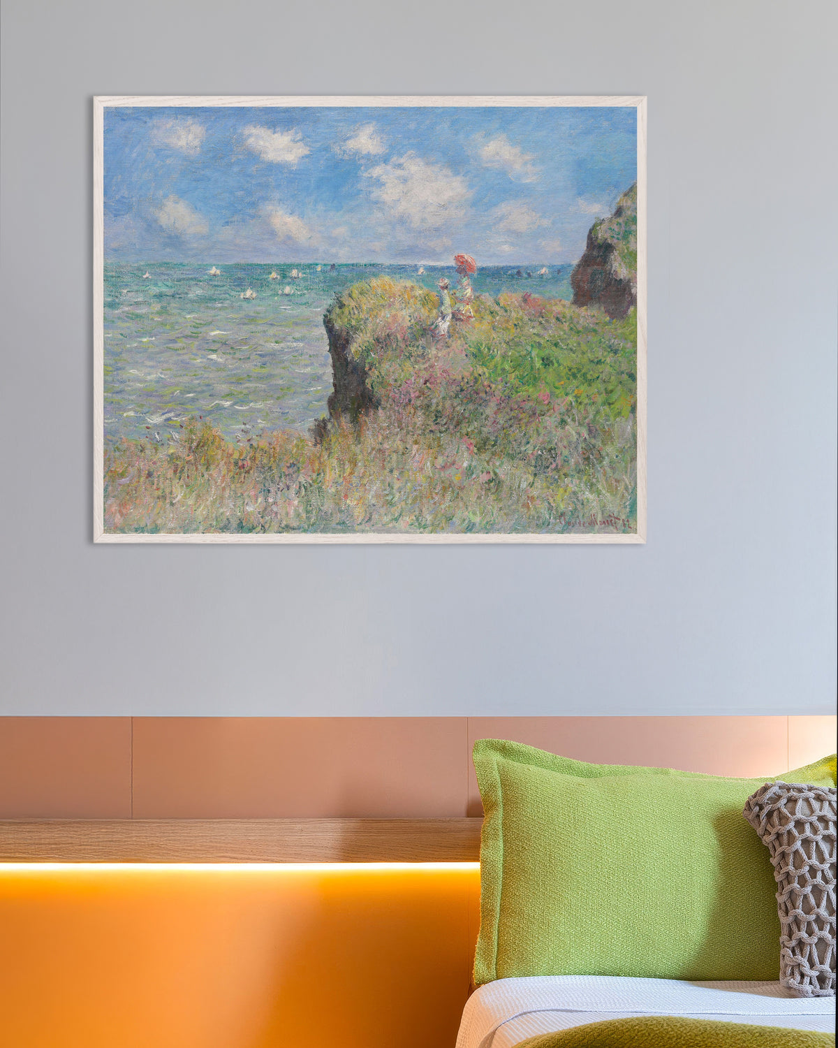 Plakat Spacer na klifie w Pourville (1882), Claude Monet, w białej drewnianej ramie