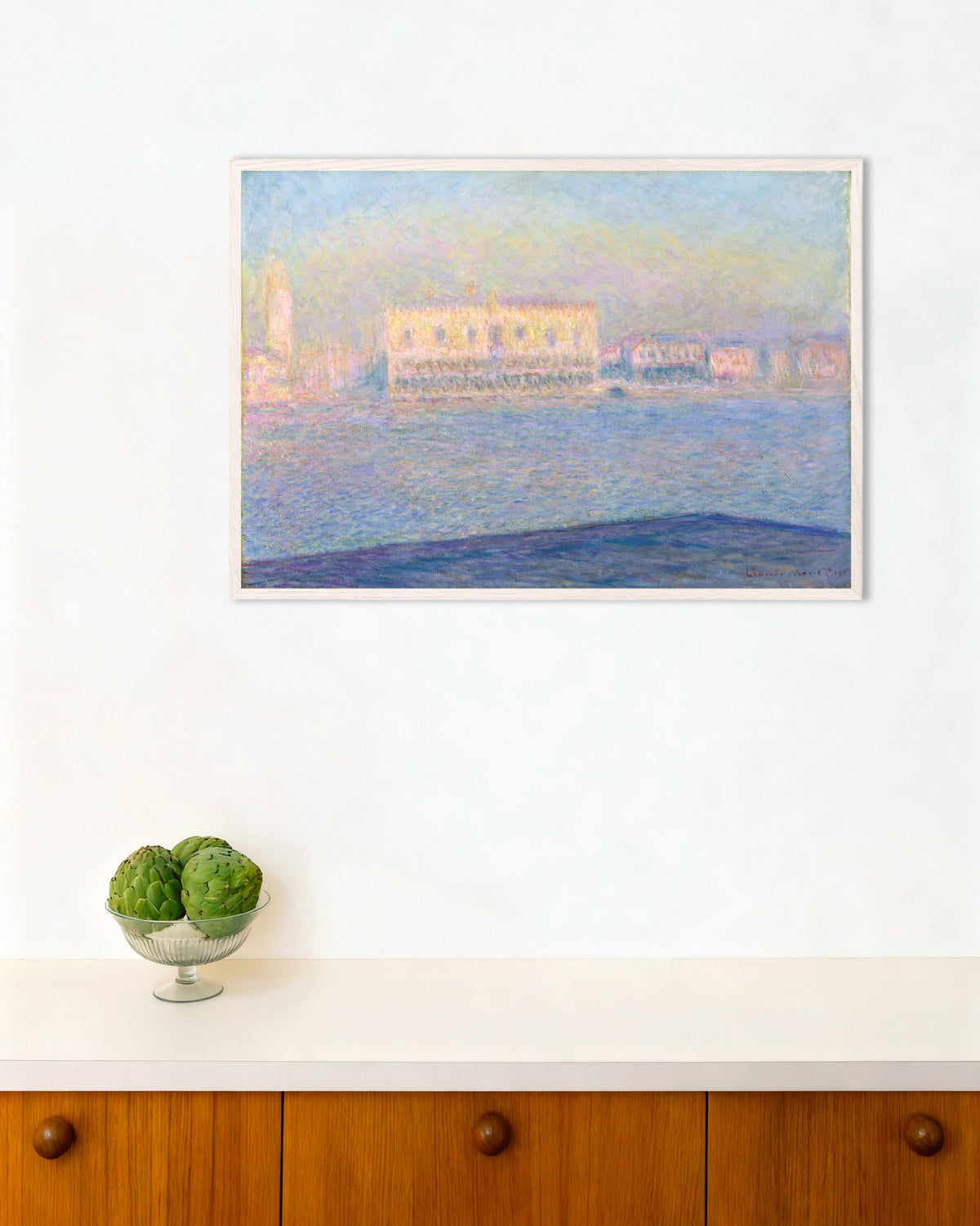 Plakat Pałac Dożów widziany z San Giorgio Maggiore (1908), Claude Monet, w białej drewnianej ramie