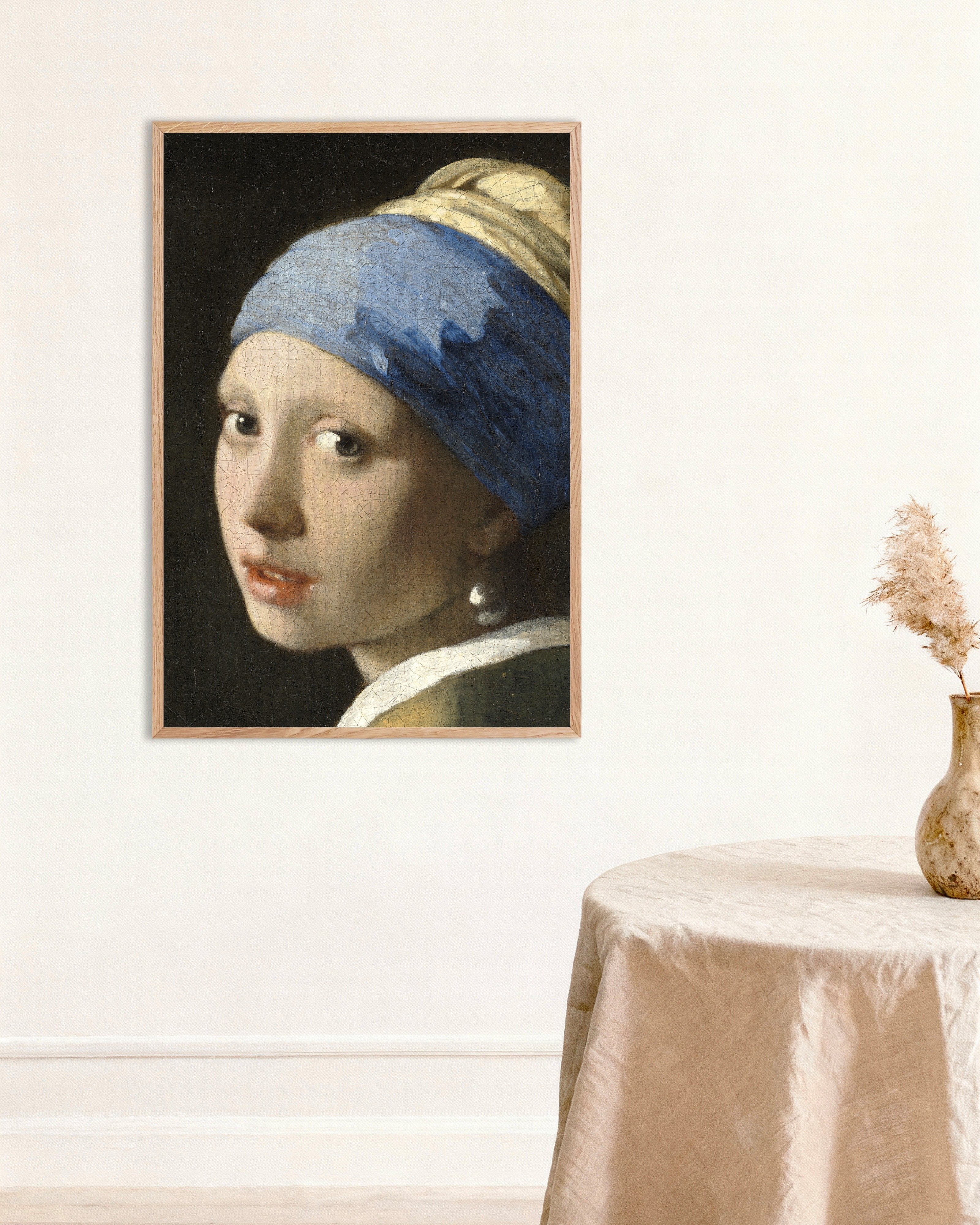 Poster of The Face - Vermeer Girl with a Pearl Earring Detail Poster, with natural wooden frame