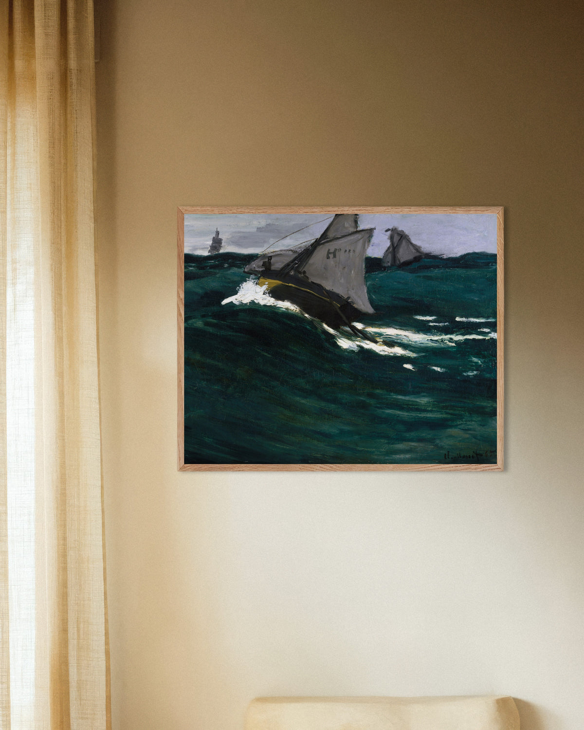 Plakat Zielona fala (ok. 1866–1867), Claude Monet, w ramie z naturalnego drewna