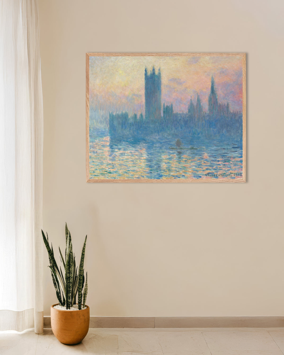 Plakat Parlament o zachodzie słońca (1903), Claude Monet, w ramie z naturalnego drewna
