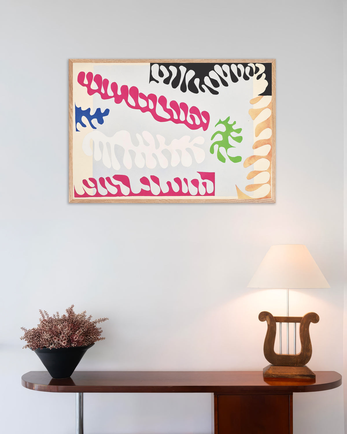 Plakat Laguna w różu i bieli (Jazz, 1947) autorstwa Henri Matisse’a, w ramie z naturalnego drewna