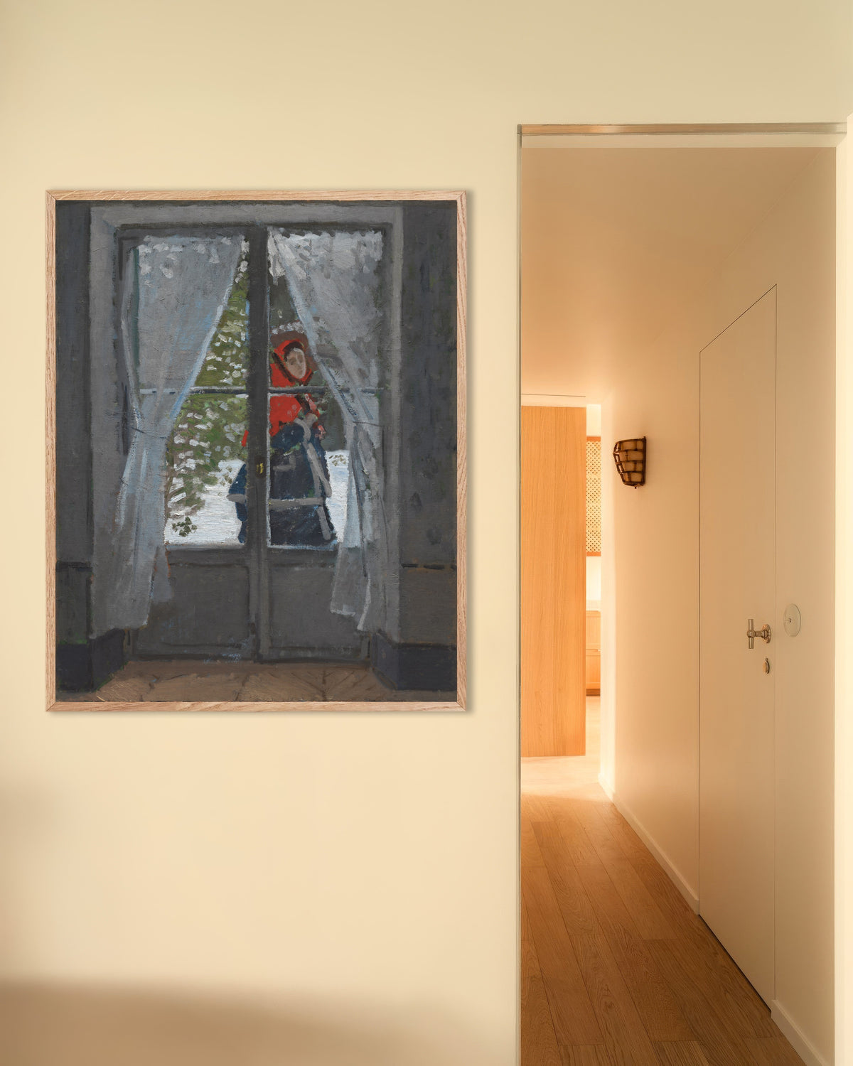 Plakat Czerwona chusta (ok. 1868–1873), Claude Monet, w ramie z naturalnego drewna