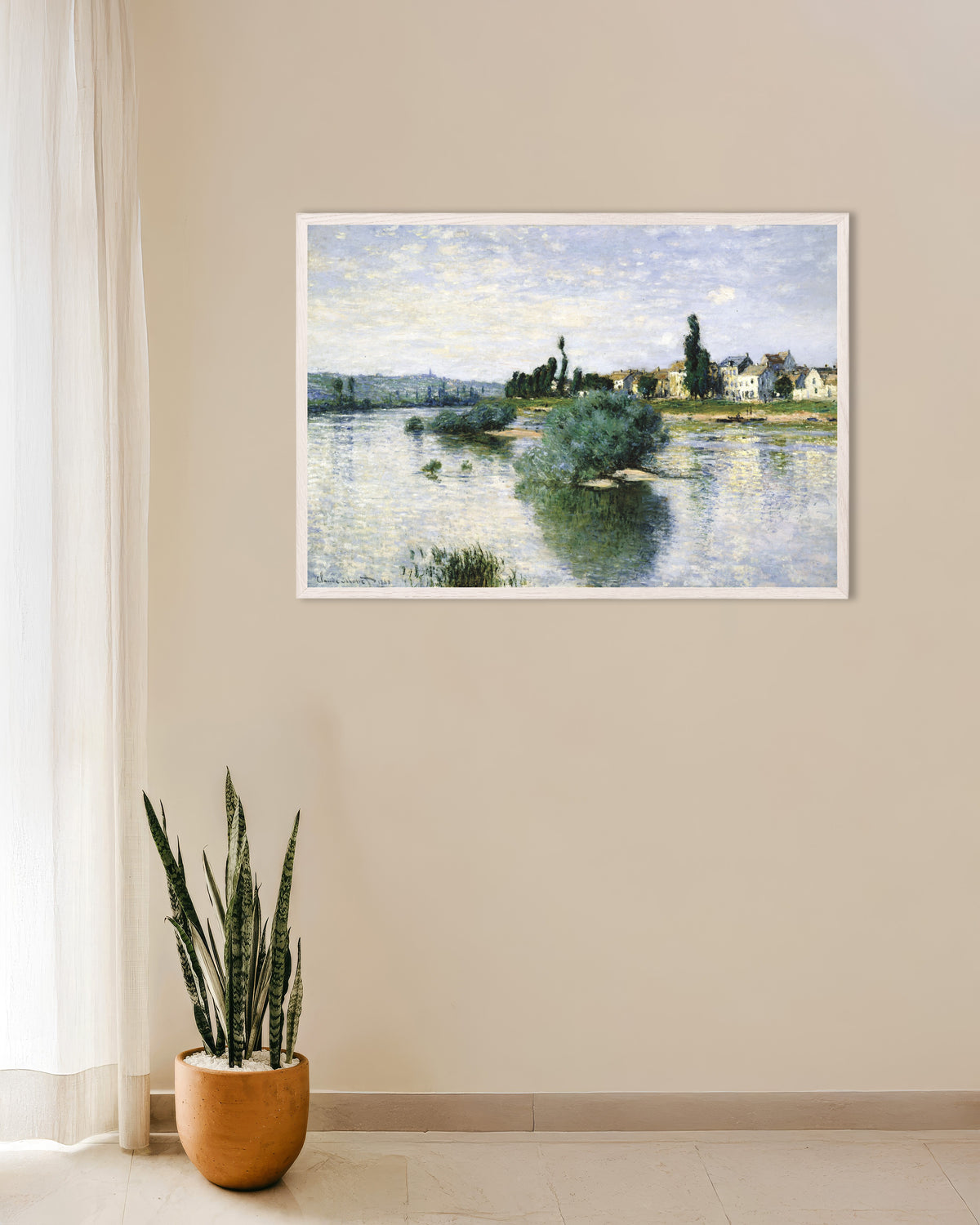 Plakat Sekwana w Lavacourt (1880), Claude Monet, w białej drewnianej ramie