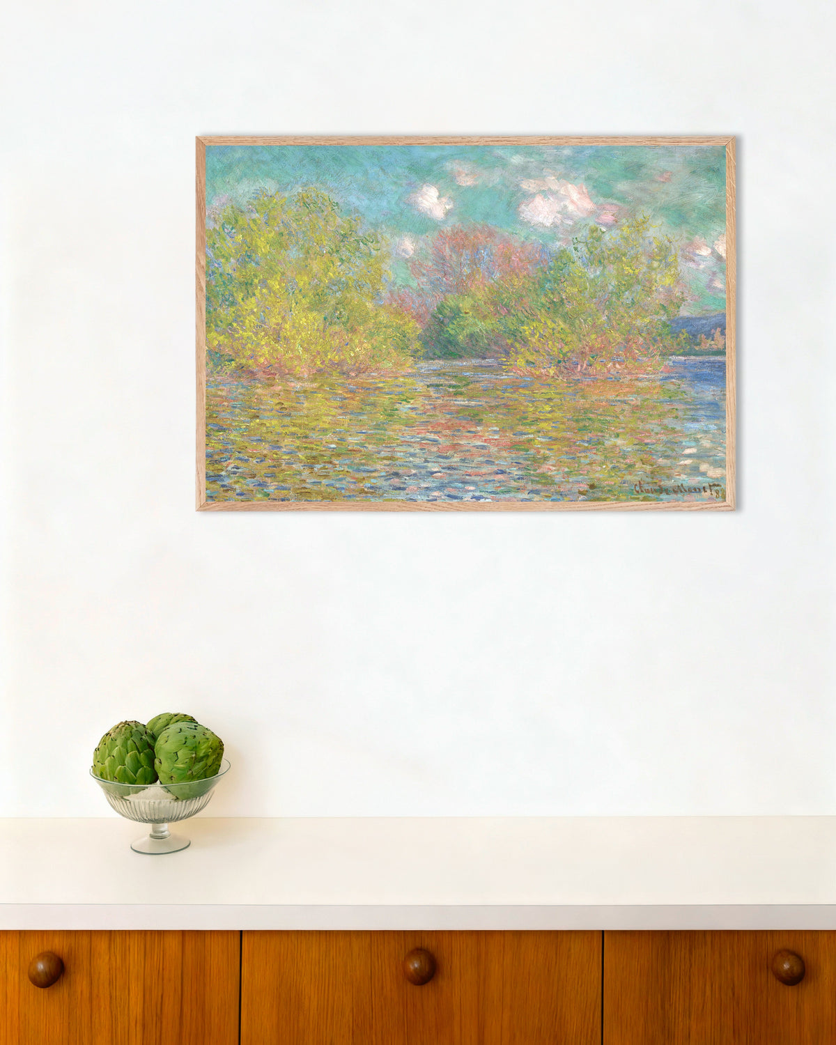 Plakat Sekwana koło Giverny (1888), Claude Monet, w ramie z naturalnego drewna