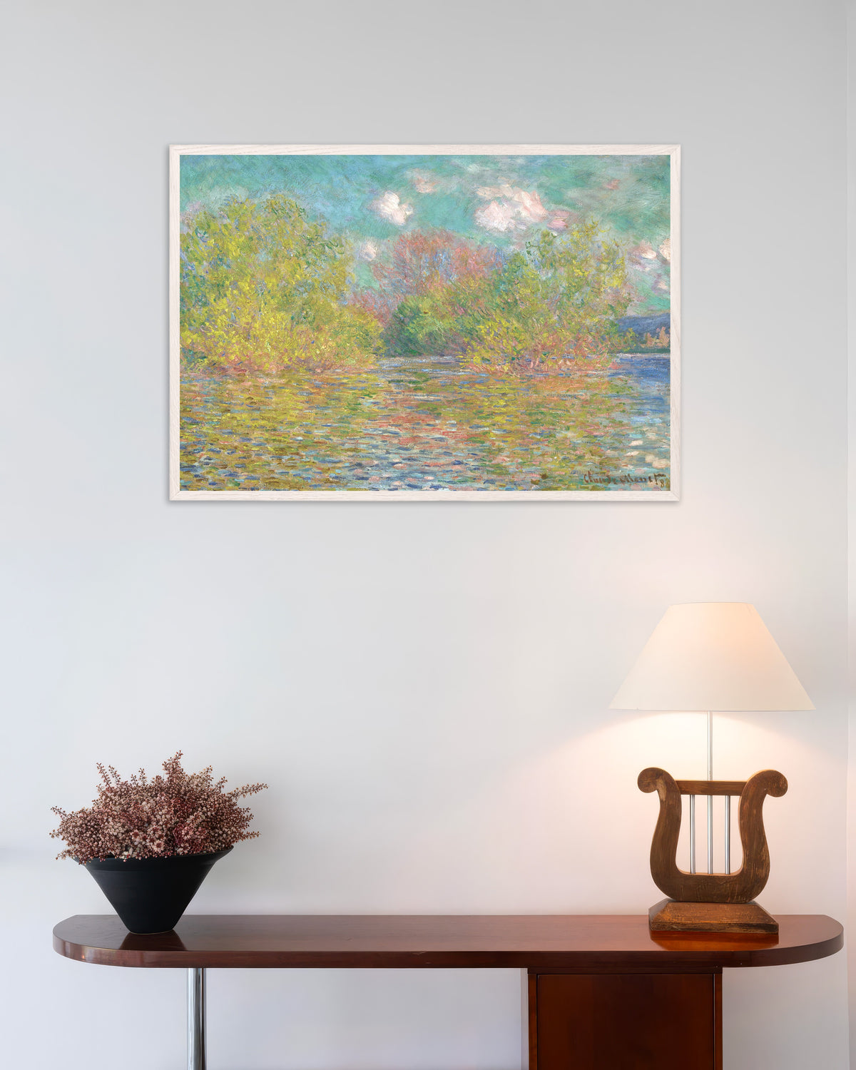 Plakat Sekwana koło Giverny (1888), Claude Monet, w białej drewnianej ramie