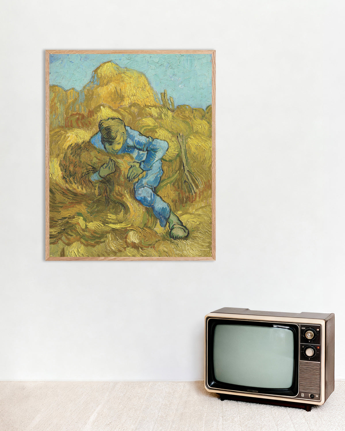 Plakat „Wiążący snopy, według Milleta (1889), Vincent van Gogh” w ramie z naturalnego drewna