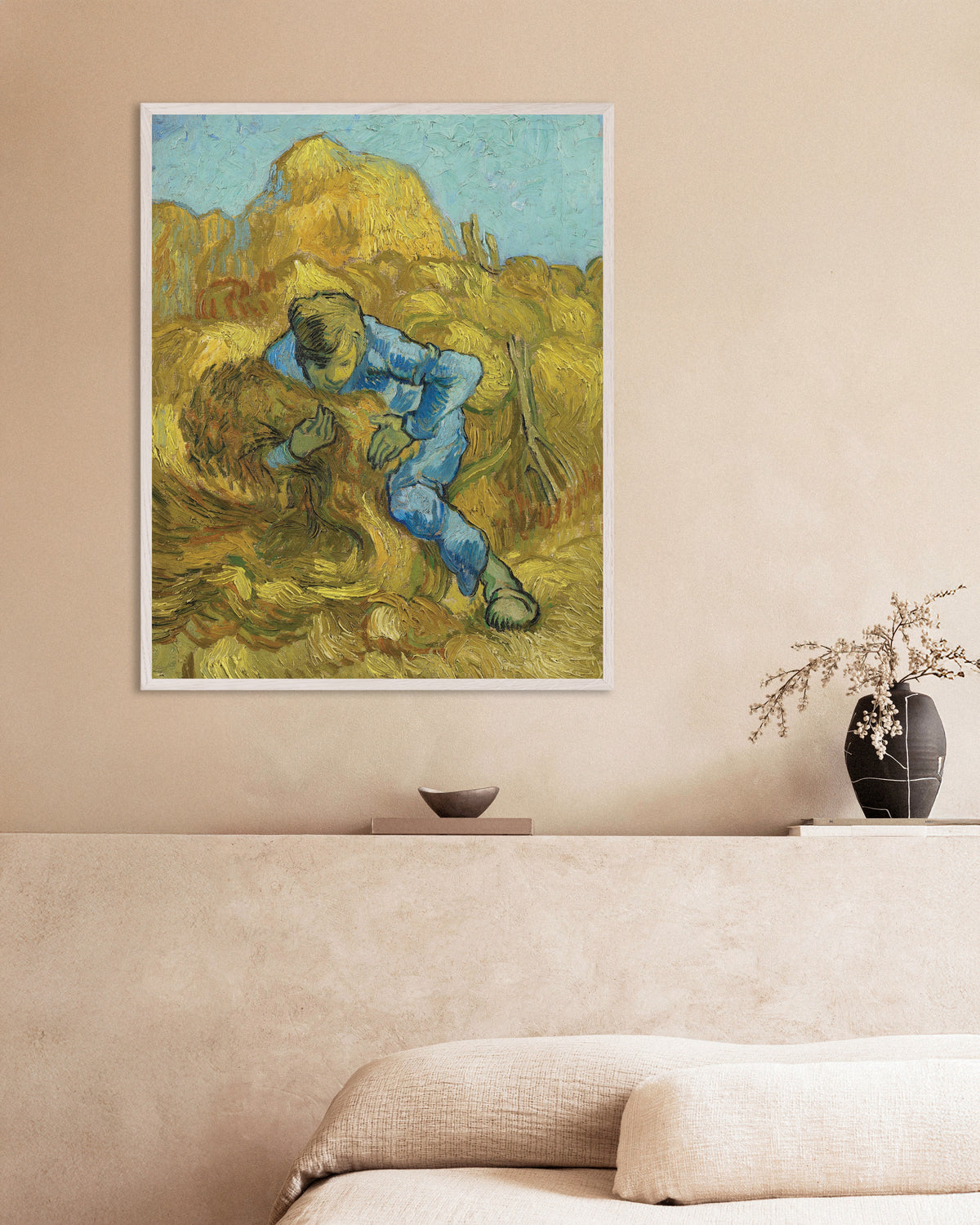 Plakat „Wiążący snopy, według Milleta (1889), Vincent van Gogh” w białej drewnianej ramie