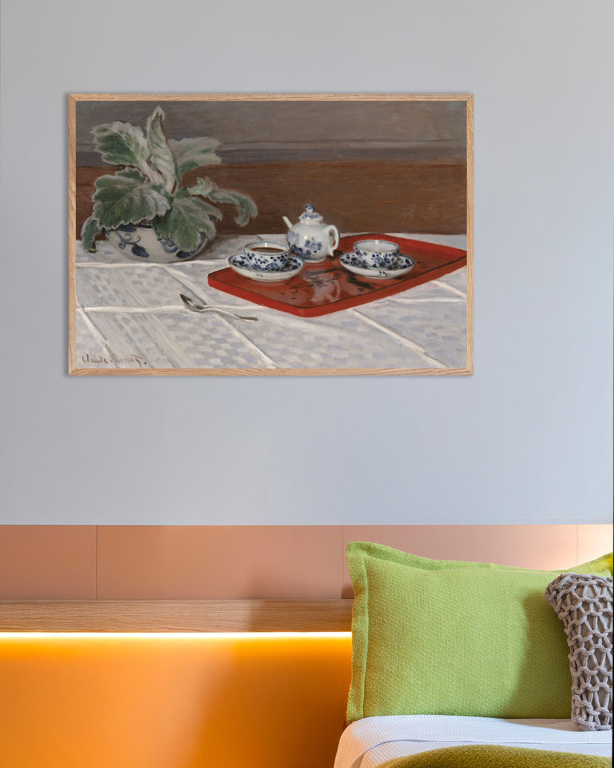 Plakat Serwis do herbaty (1872), Claude Monet, w ramie z naturalnego drewna