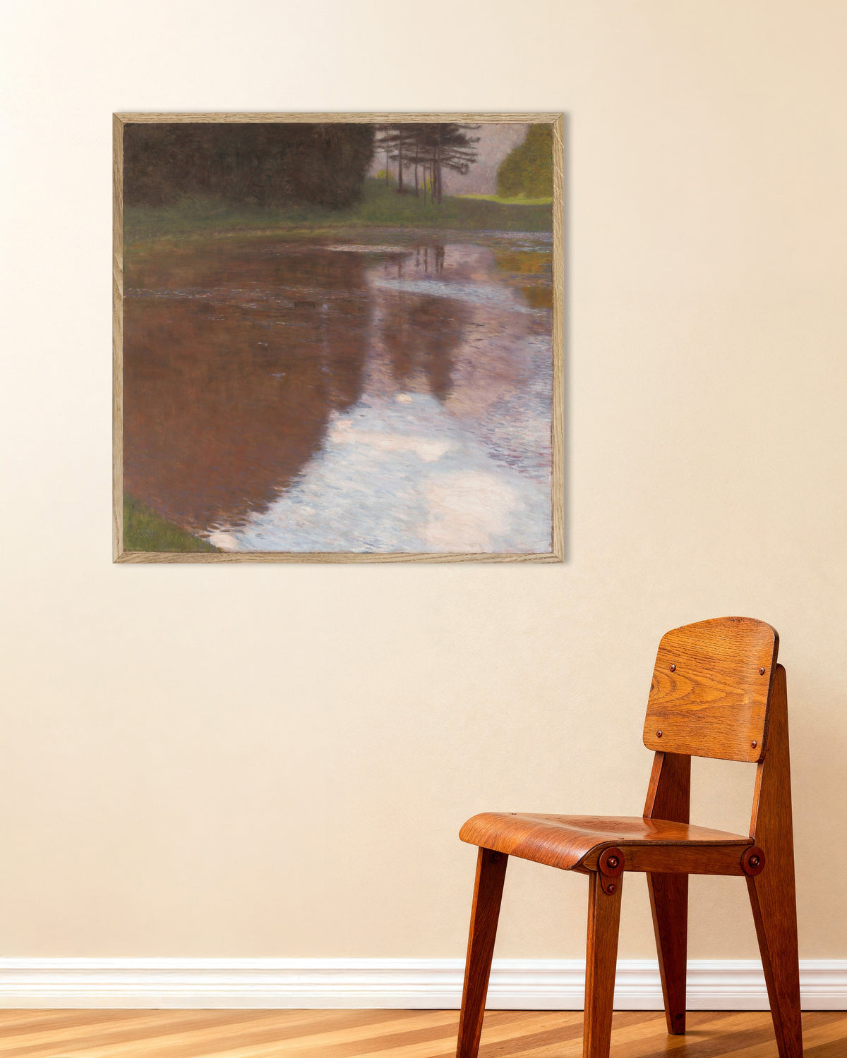 Plakat Cichy staw (1899), Gustav Klimt, w ramie z naturalnego drewna