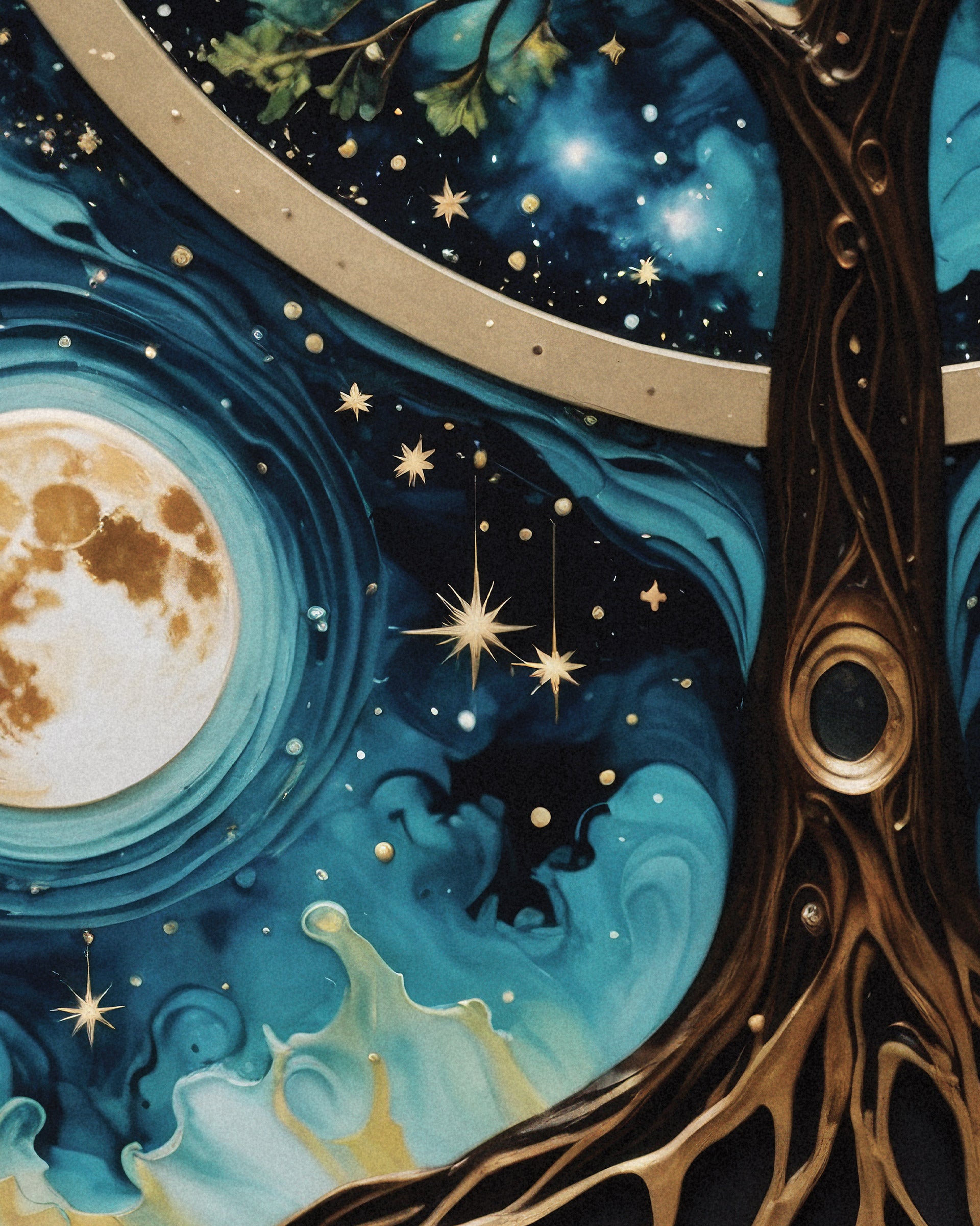 A close-up decorative artwork showing a large moon, swirling teal and navy sky, gold stars, and a dark tree trunk with metallic gold details.