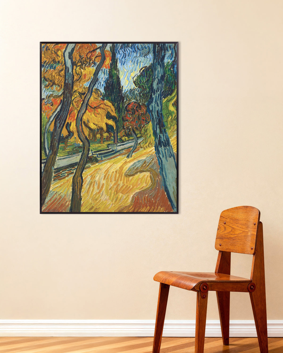Plakat „Drzewa w ogrodzie zakładu dla obłąkanych (1889) Vincenta van Gogha” w metalowej ramie