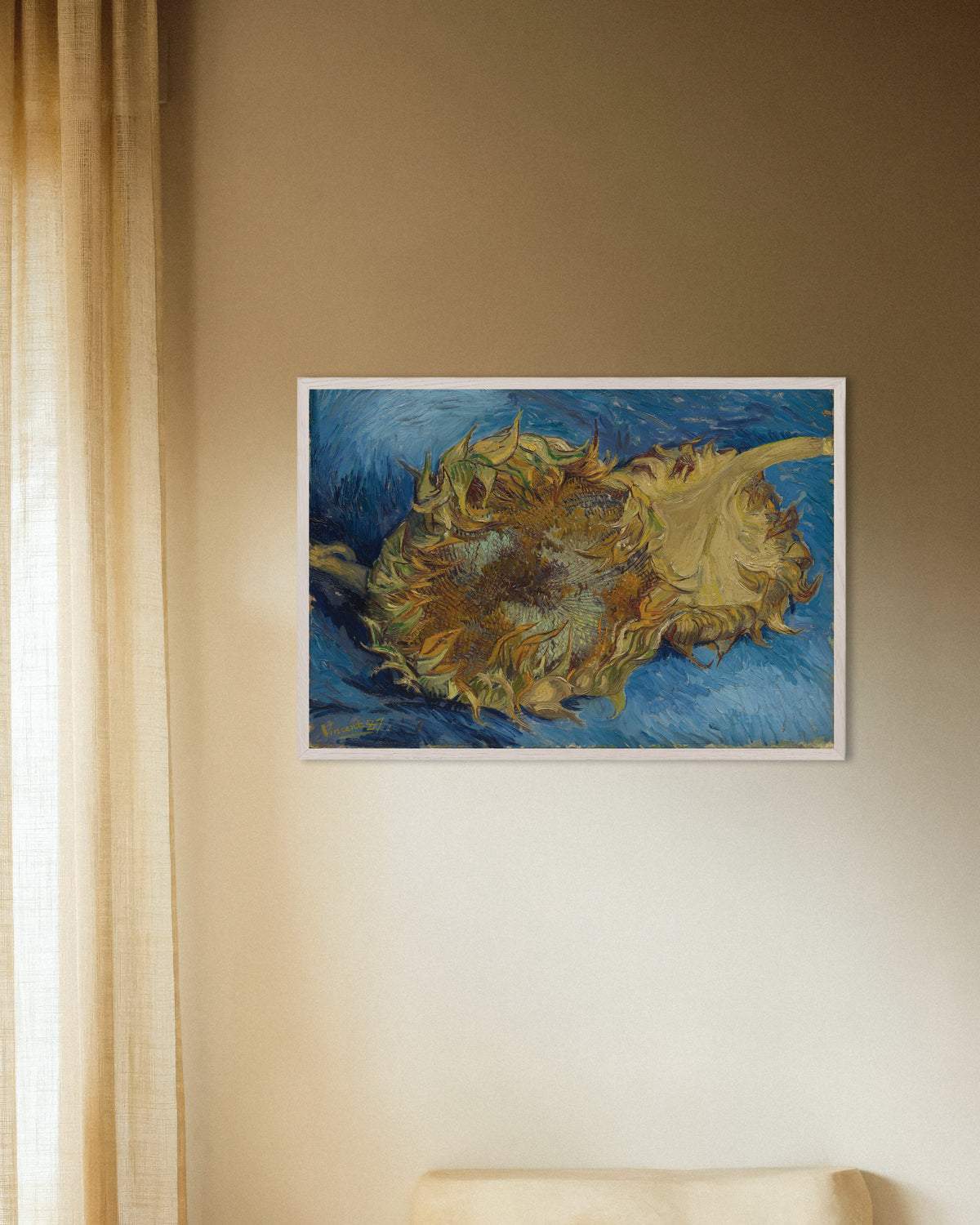 Plakat „Dwa ścięte słoneczniki (1887), Vincent van Gogh” w białej drewnianej ramie