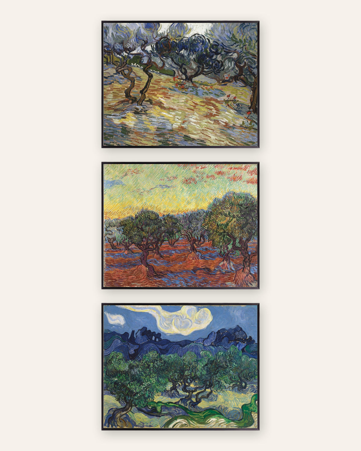 Plakaty Van Gogha z drzewami oliwnymi, zestaw 3: gaje oliwne z Saint-Rémy, w czarnych metalowych ramach