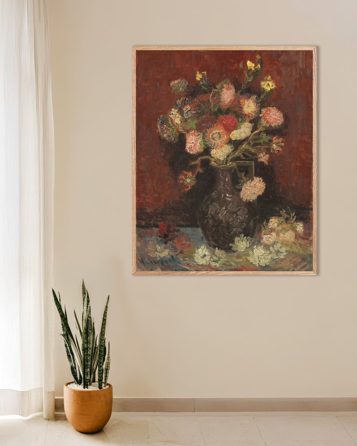 Plakat przedstawiający Wazon z chińskimi astrami i mieczykami (1886), Vincent van Gogh, w ramie z naturalnego drewna