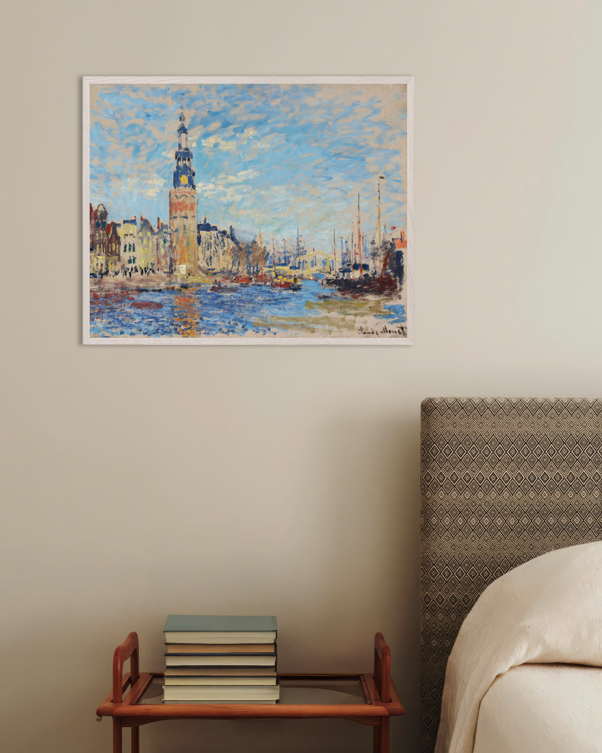 Plakat Widok na wieżę Montelbaanstoren, Amsterdam (1874), Claude Monet, w białej drewnianej ramie