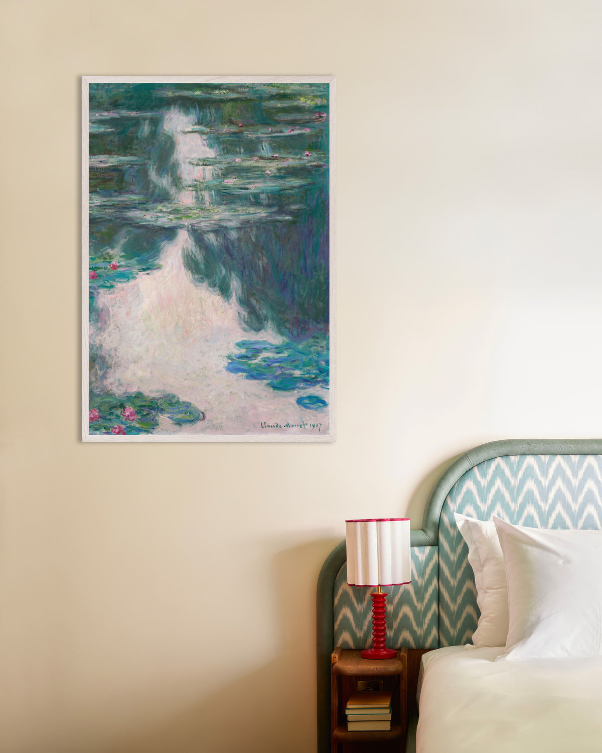 Plakat Nenufary, szara pogoda (1907), Claude Monet, w białej drewnianej ramie