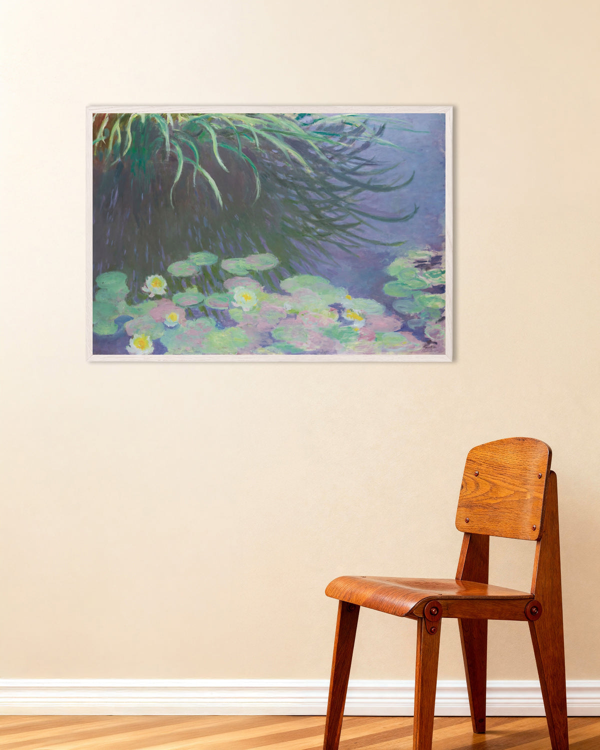 Plakat Nenufary z odbiciami wysokich traw (1914–1917), Claude Monet, w białej drewnianej ramie