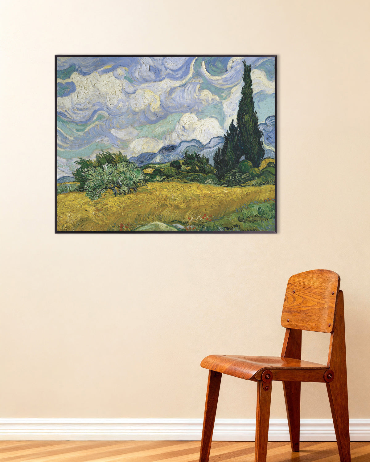 Plakat „Pole pszenicy z cyprysami (1889), Vincent van Gogh” w metalowej ramie
