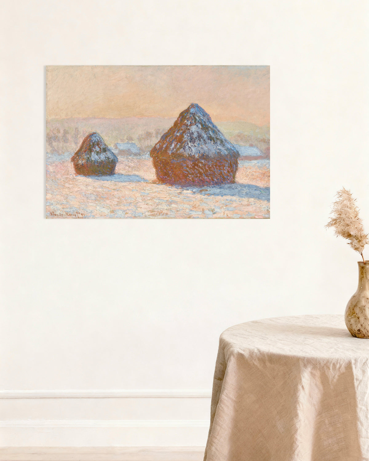 Plakat Stogi, efekt śniegu, poranek (1891), Claude Monet