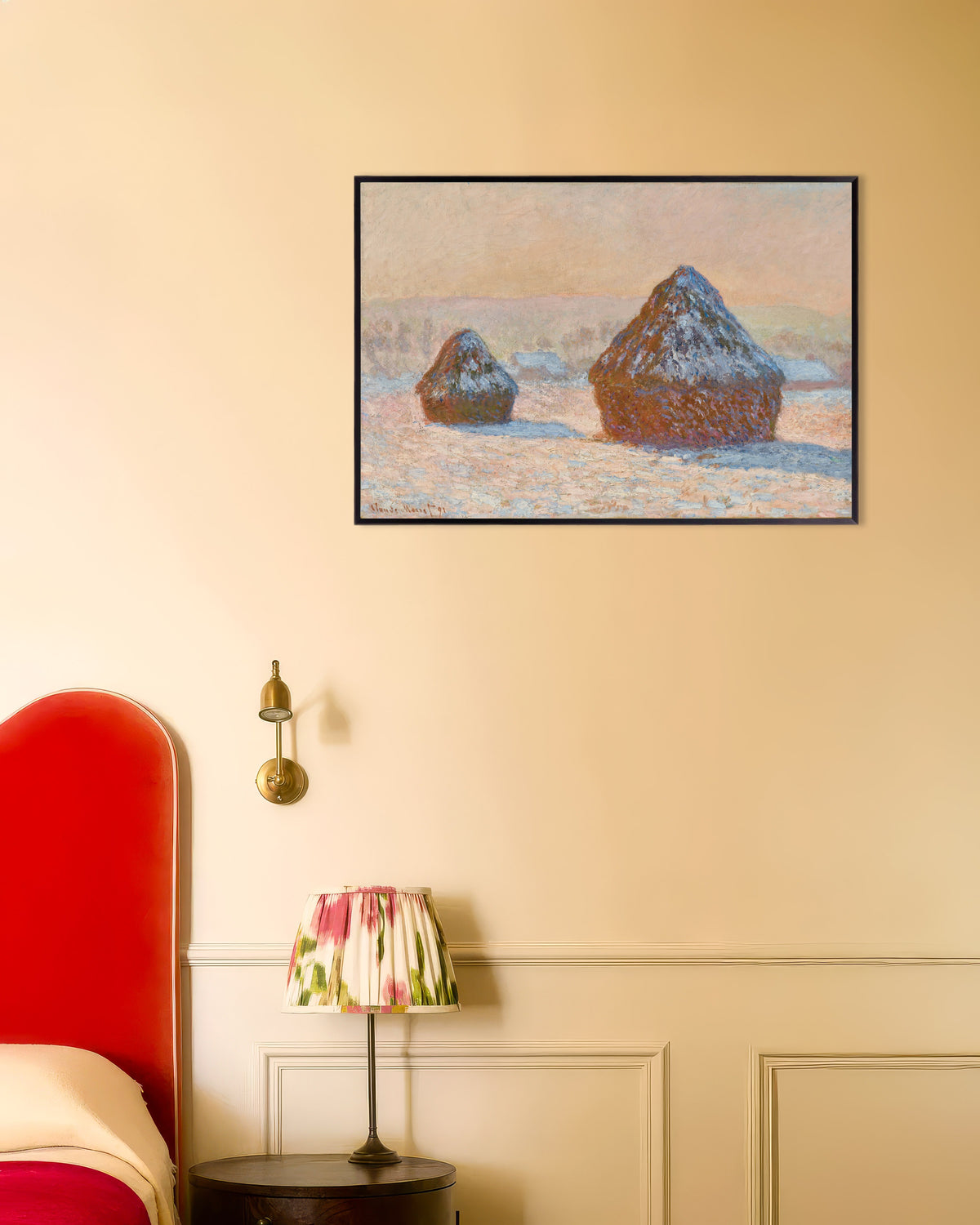 Plakat Stogi, efekt śniegu, poranek (1891), Claude Monet, w metalowej ramie
