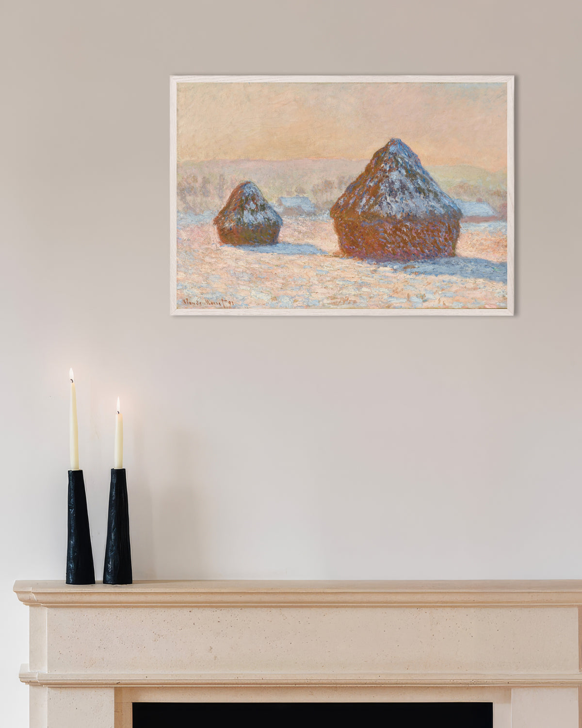 Plakat Stogi, efekt śniegu, poranek (1891), Claude Monet, w białej drewnianej ramie