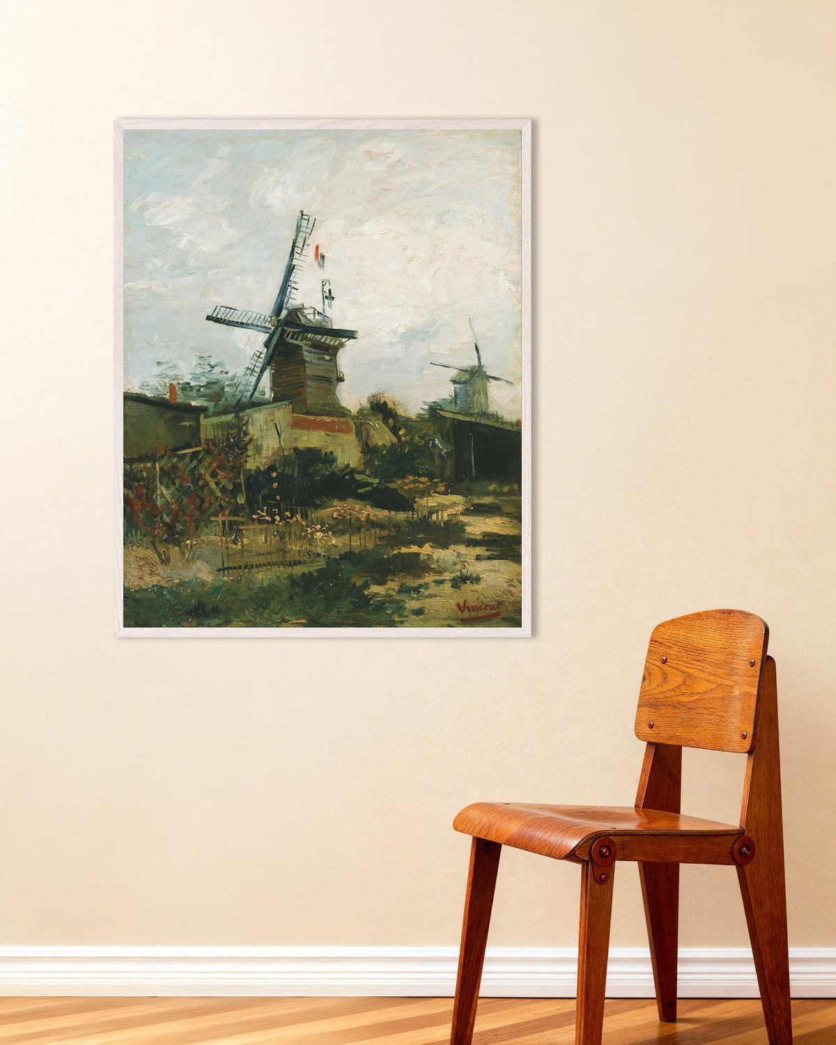 Plakat „Wiatraki na Montmartre (1886), Vincent van Gogh” w białej drewnianej ramie