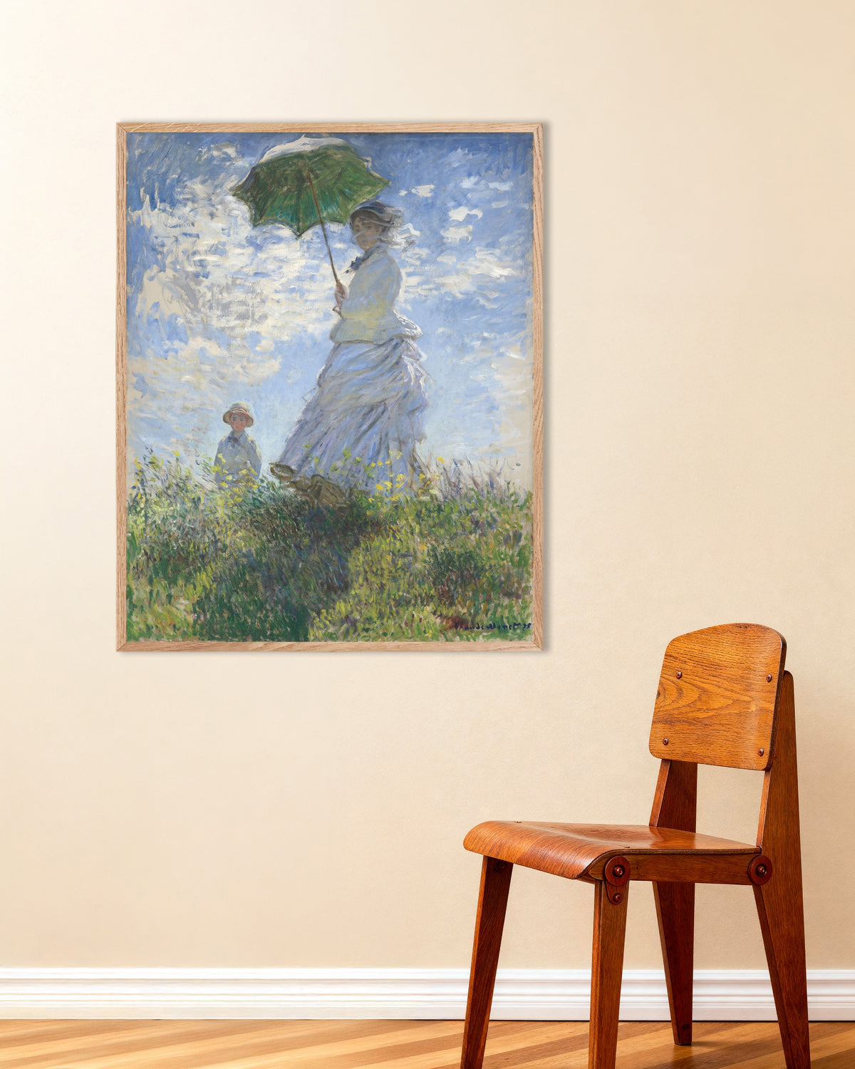 Plakat Kobieta z parasolką, Madame Monet z synem (1875), Claude Monet, w ramie z naturalnego drewna