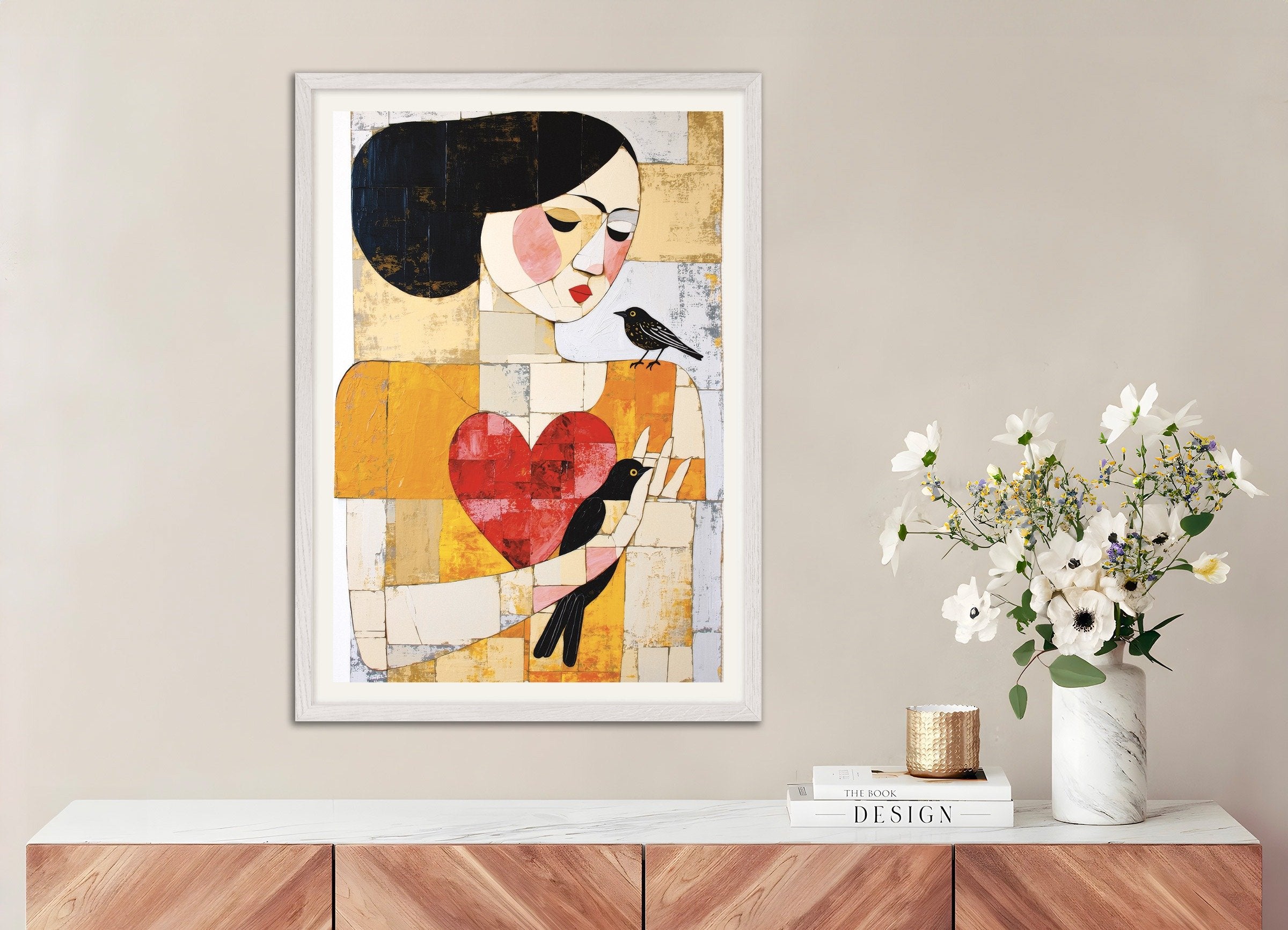 Poster of Woman with birds abstract art print, with white wooden frame