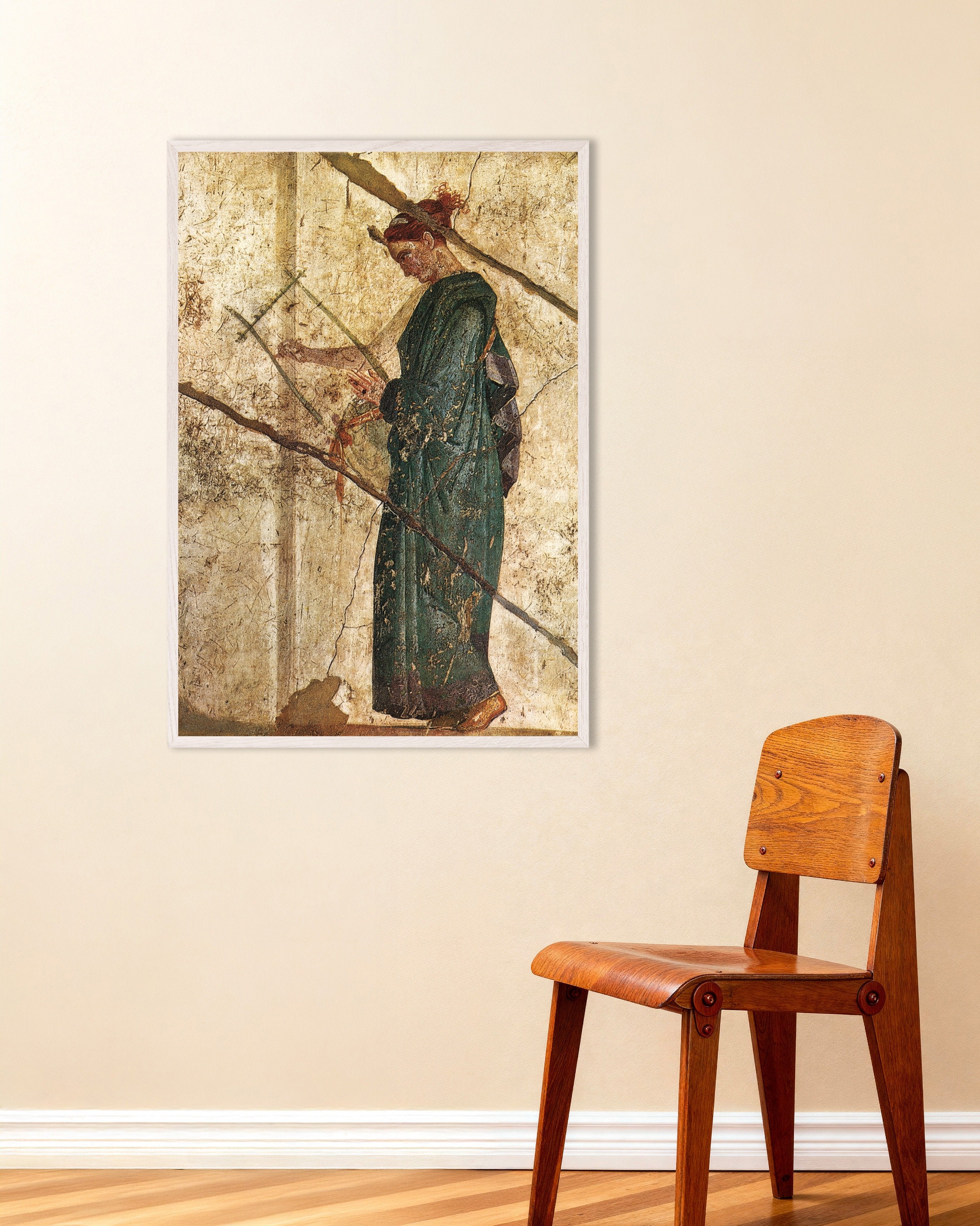 Poster of Woman with lyre fresco poster, with white wooden frame