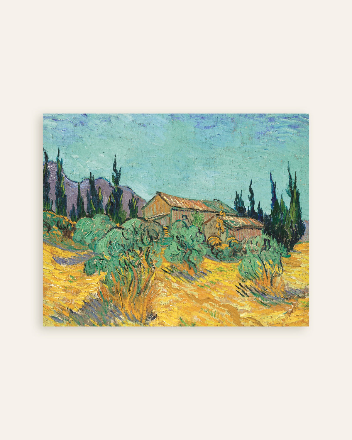 Plakat „Drewniane chaty wśród drzew oliwnych i cyprysów (1889), Vincent van Gogh”, miniatura