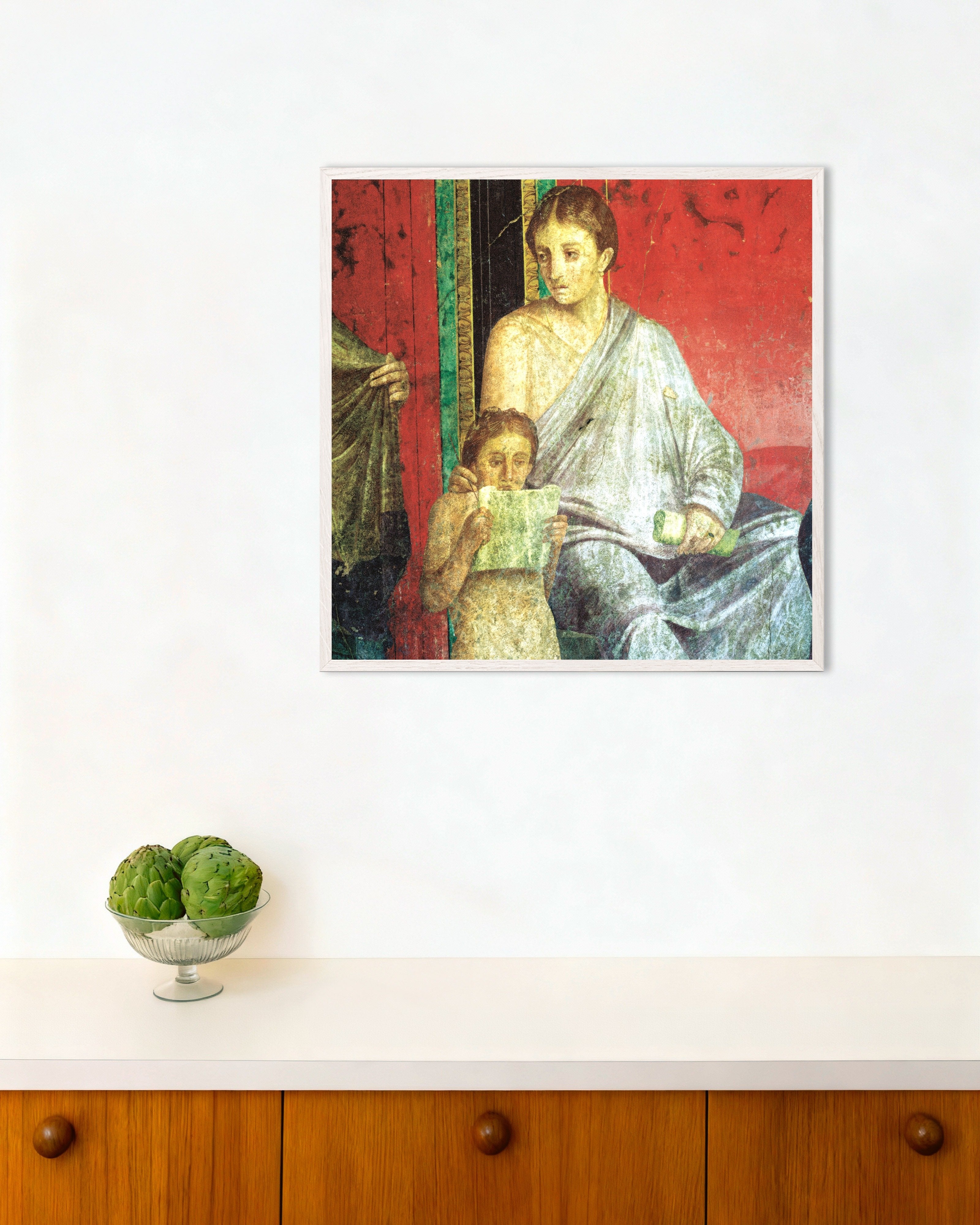 Poster of Young girl reading fresco poster, with white wooden frame