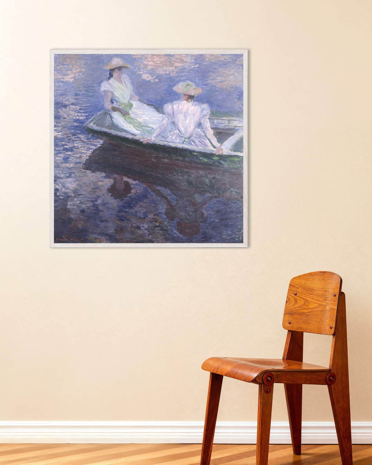 Plakat Dziewczęta w łodzi (1887), Claude Monet, w białej drewnianej ramie